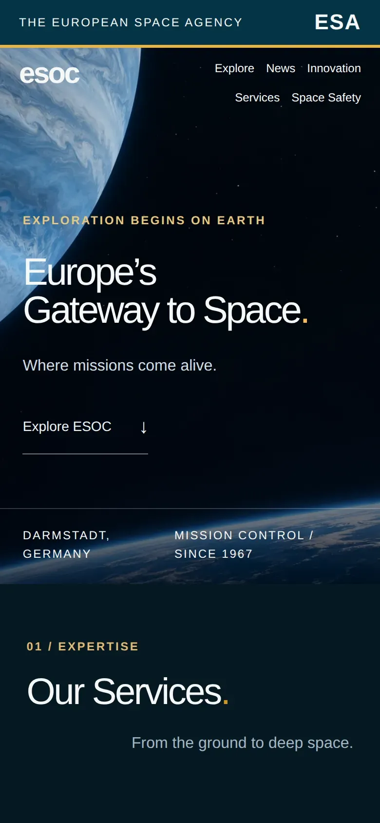Website ESA ESOC auf dem Smartphone