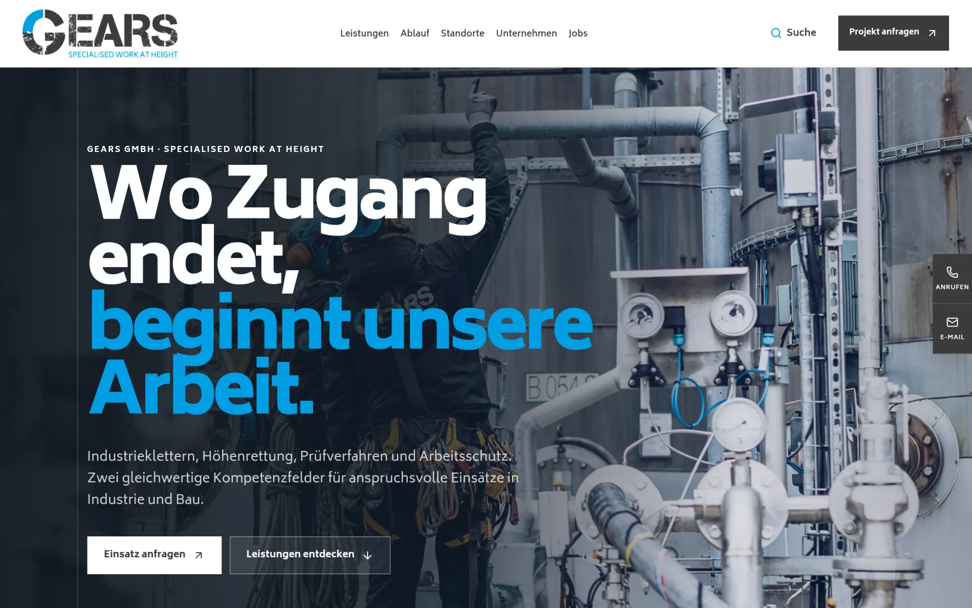 Website GEARS, Studio-Fassung von Drela: erster Bildschirm mit „Wo Zugang endet, beginnt unsere Arbeit.“