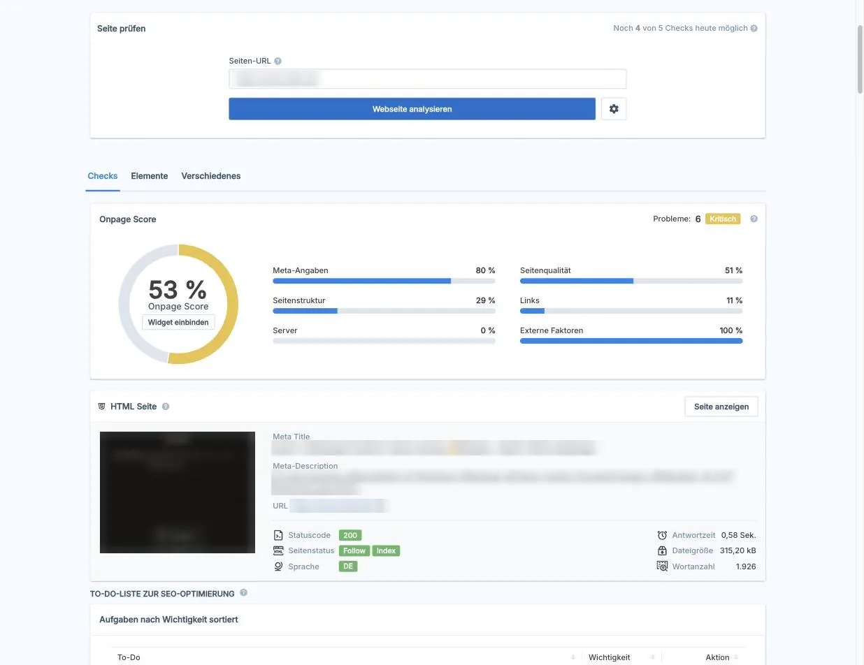 Seobility SEO-Check einer Startseite vor dem Relaunch: Onpage-Score 53 Prozent, sechs Probleme, davon zwei Fehler; Adresse, Seitentitel und Beschreibung unkenntlich