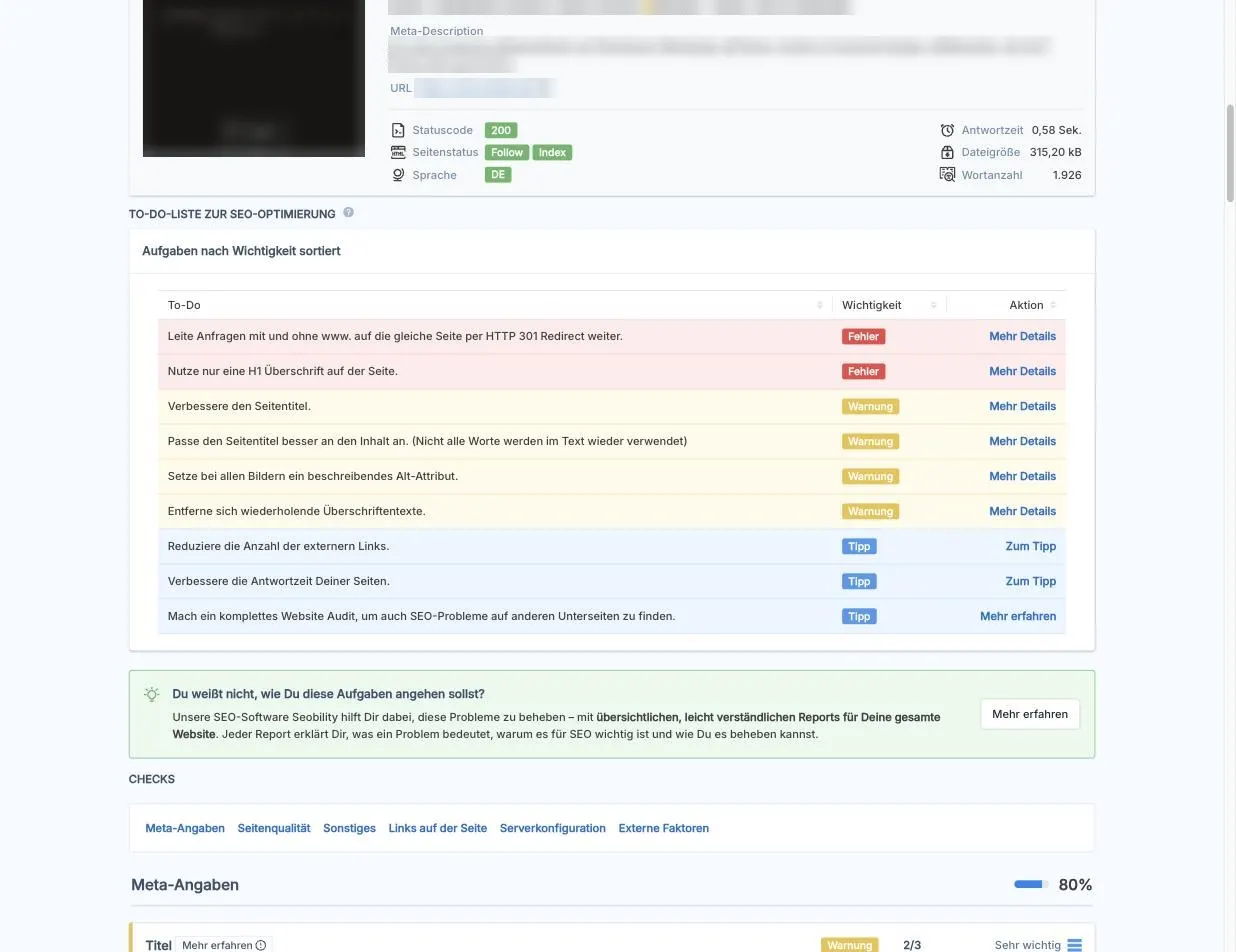 To-do-Liste des Seobility SEO-Checks mit den Fehlern www-Weiterleitung und mehrere H1-Überschriften