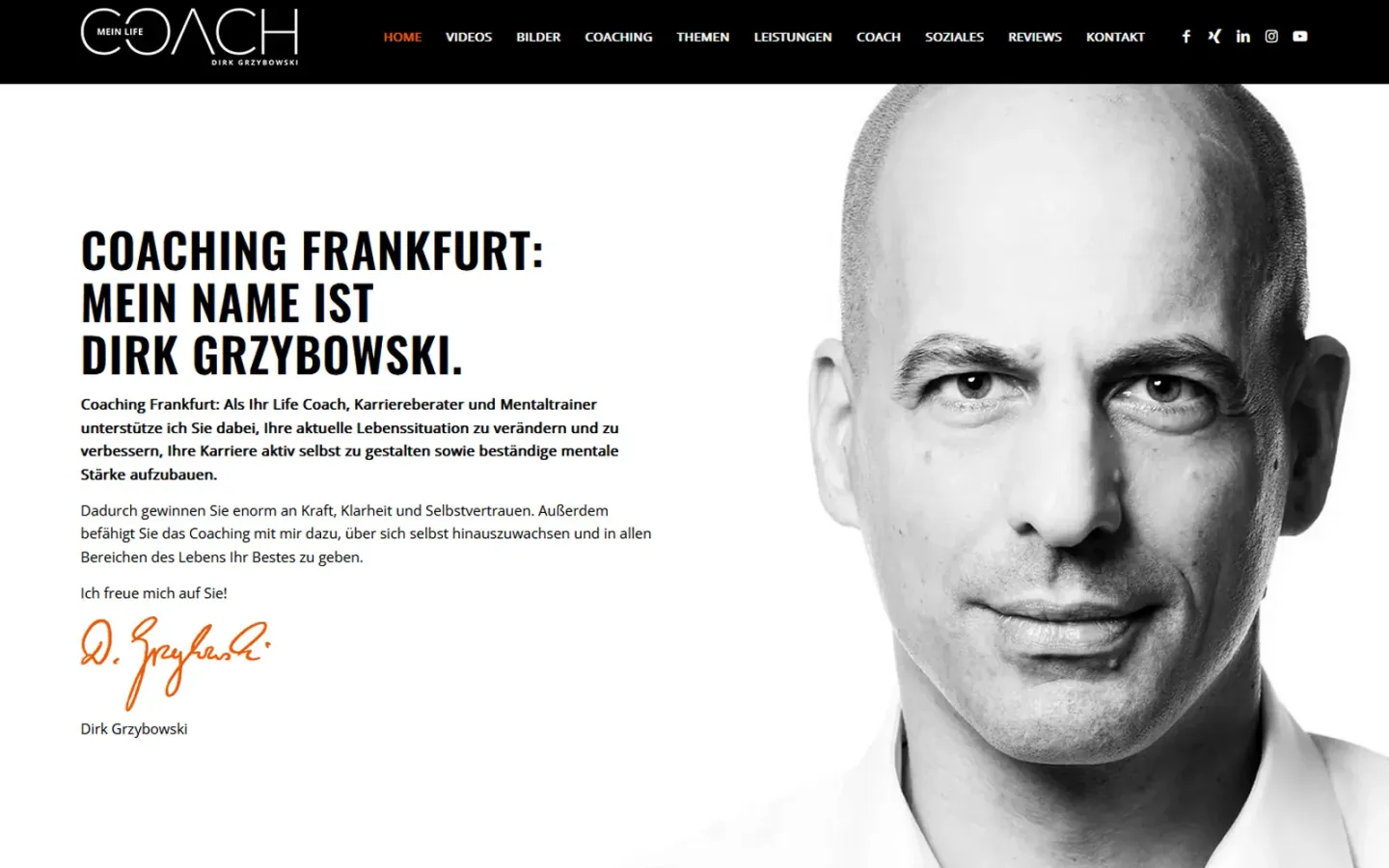 Startseite der Website von Dirk Grzybowski, Coaching, Stand beim Livegang