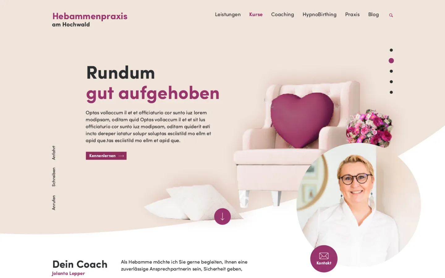 Startseite der Website von Hebammenpraxis am Hochwald, Stand beim Livegang