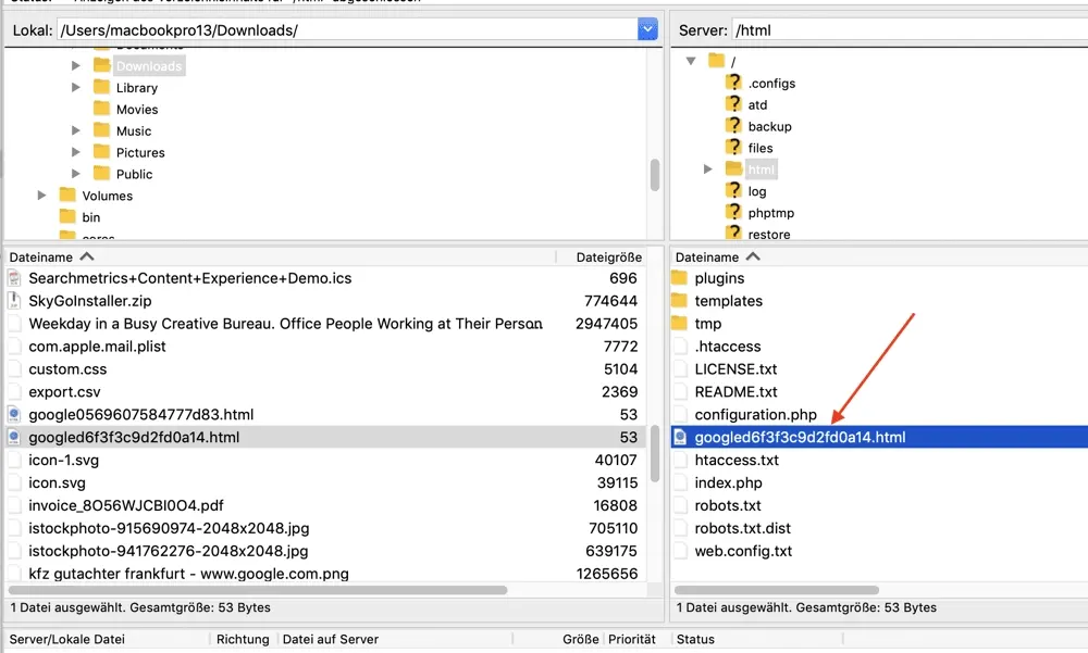 FileZilla: Bestätigungsdatei wird in das Hauptverzeichnis der Website gezogen