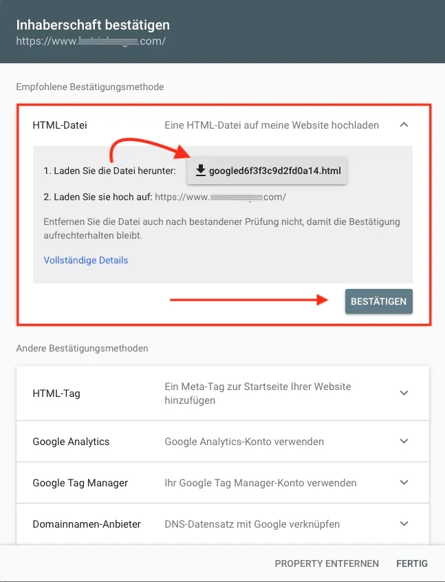 Search Console: Bestätigung der Inhaberschaft per HTML-Datei