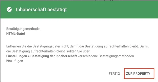 Search Console: Meldung „Inhaberschaft bestätigt“