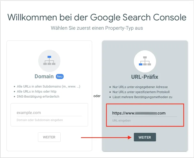 Search Console: Auswahl zwischen Domain-Property und URL-Präfix