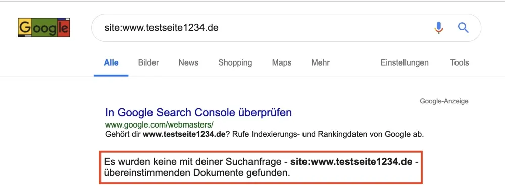 Ergebnis der site-Abfrage für eine Domain, die Google nicht kennt: keine übereinstimmenden Dokumente
