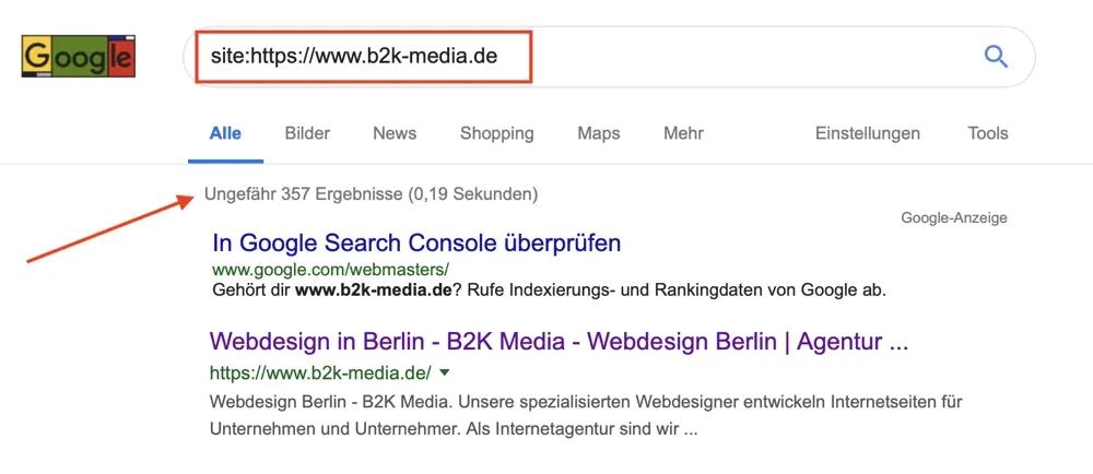 Google-Suche mit site-Abfrage für eine Beispieldomain
