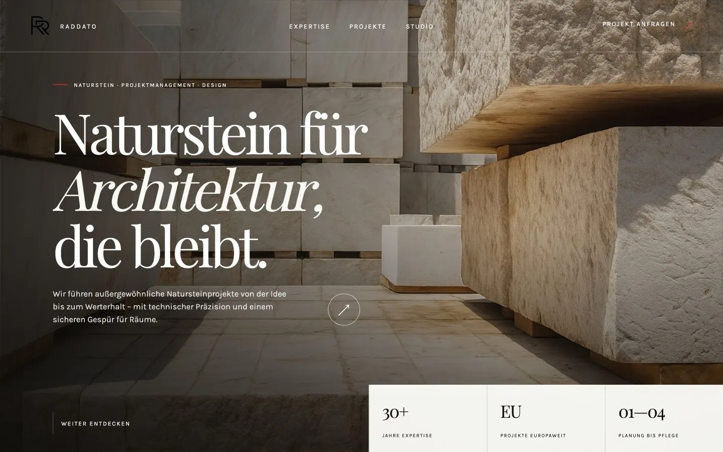 Website von R+R Raddato, Startseite im Browserfenster, gestaltet von Drela