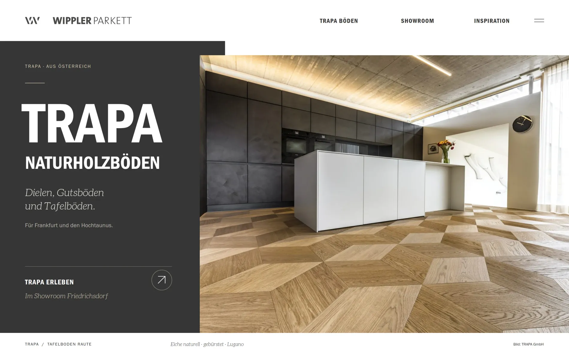 Website Wippler Parkett, Studio-Fassung von Drela: erster Bildschirm mit „TRAPA Naturholzböden“